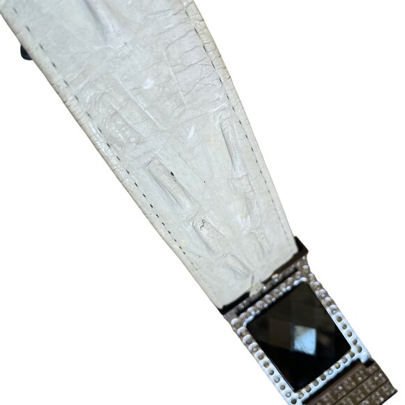White Crocodile Embossed Leather Belt With Rhinestone Buckle & Tip By Los Altos - Picture 10 of 15